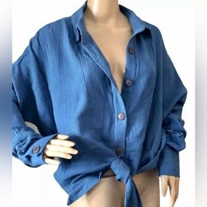 Free People Sunstreaks Tie Front Botton Down Top XL